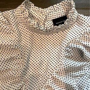 Who What Wear XS Sheer Cream White Black Polka Dot Ruffle Blouse Top Women EUC